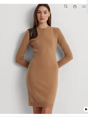 Lauren Ralph Lauren Wool Cashmere Faux Leather Trim Sweater Dress Size Large